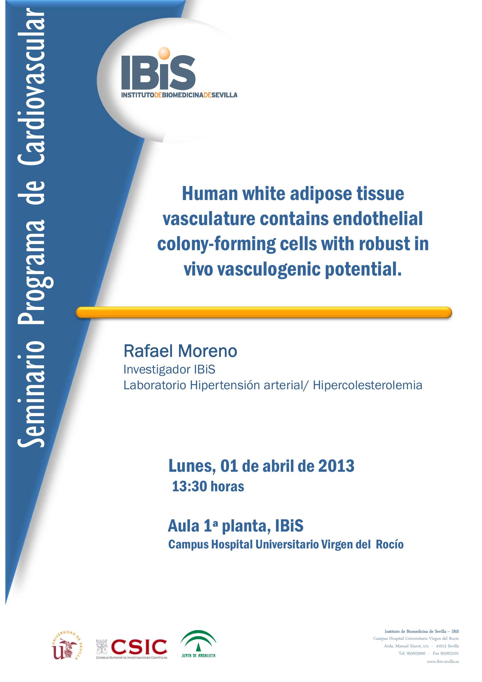 Poster: Human white adipose tissue vasculature contains endothelial colony-forming cells with robust in vivo vasculogenic potential.