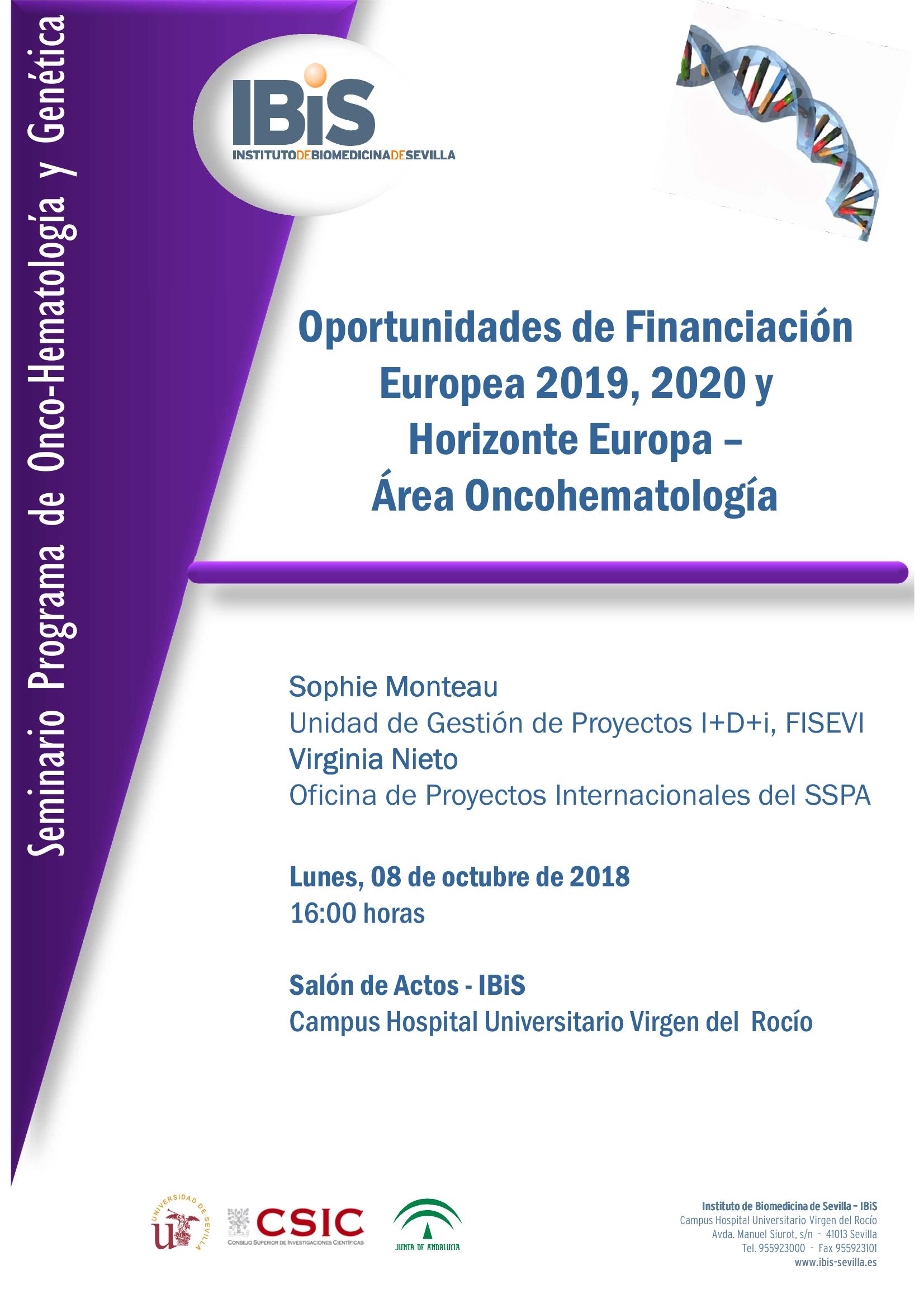 Poster: Oportunidades de Financiación  Europea 2019, 2020 y  Horizonte Europa –  Área Oncohematología