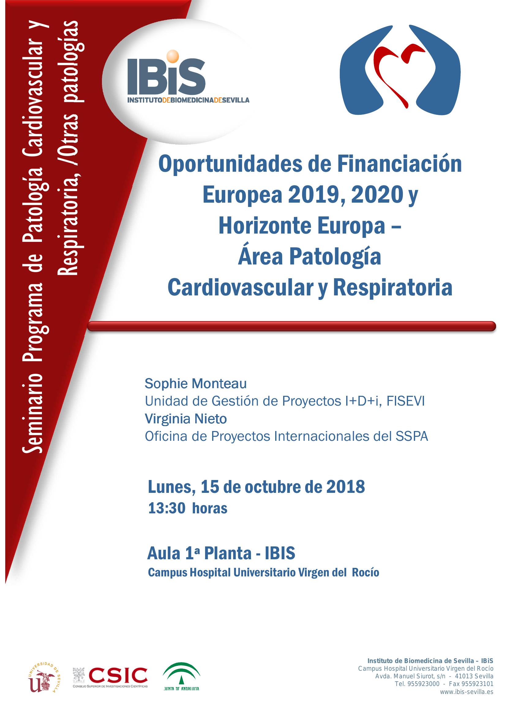 Poster: Oportunidades de Financiación  Europea 2019, 2020 y  Horizonte Europa –  Área Patología  Cardiovascular y Respiratoria