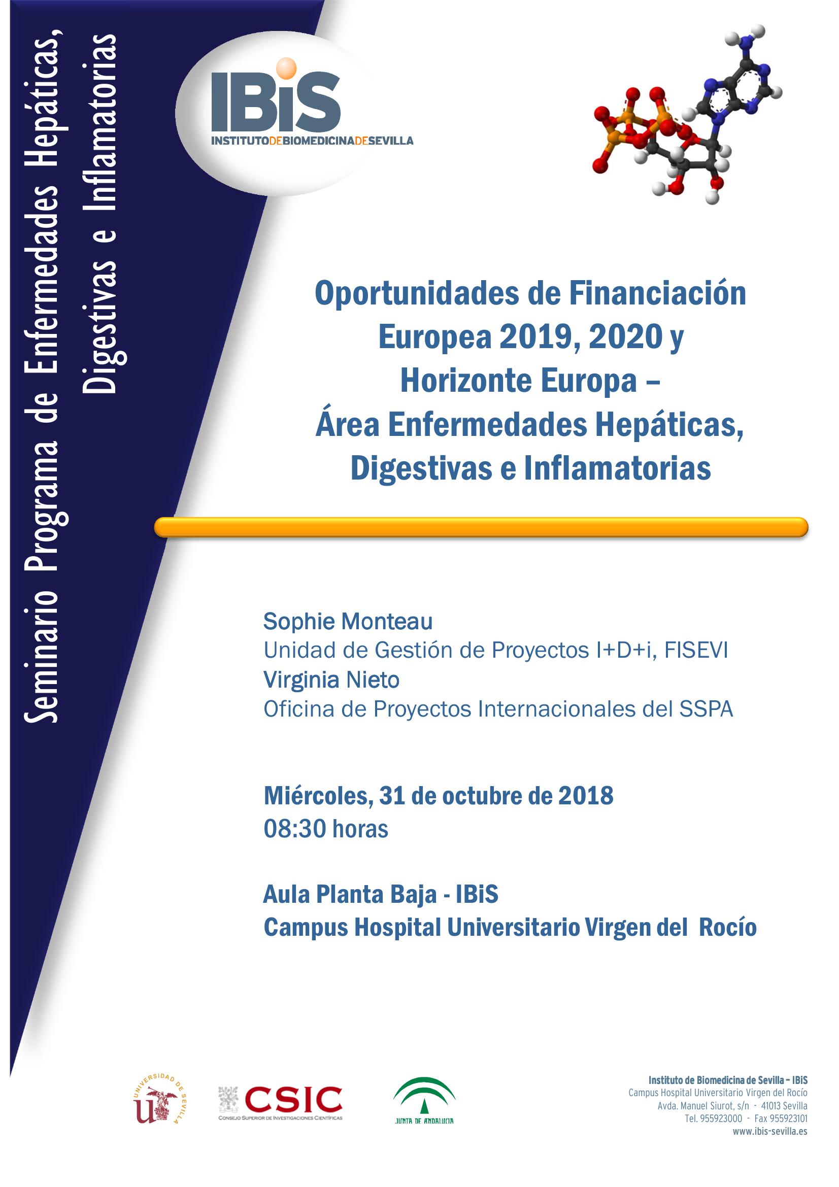 Poster: Oportunidades de Financiación  Europea 2019, 2020 y  Horizonte Europa –  Área Enfermedades Hepáticas, Digestivas e Inflamatorias