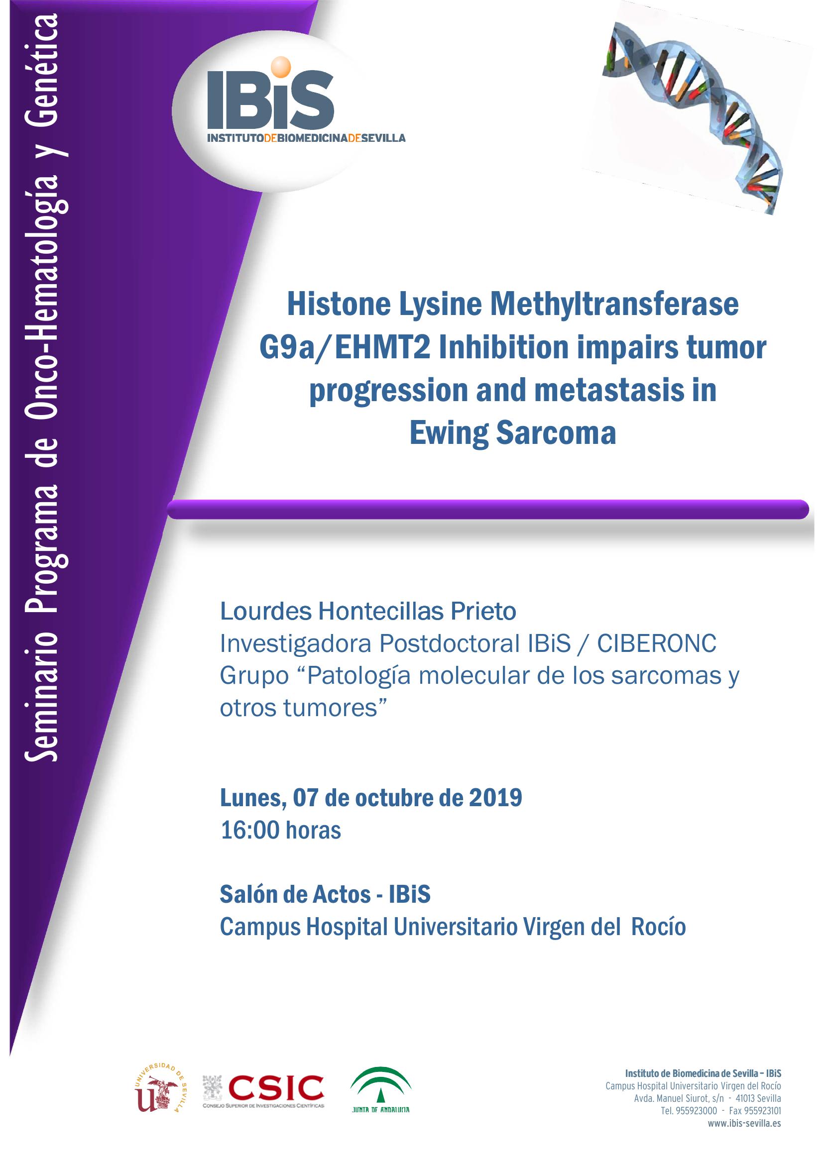 Poster: Histone Lysine Methyltransferase G9a/EHMT2 Inhibition impairs tumor progression and metastasis in  Ewing Sarcoma