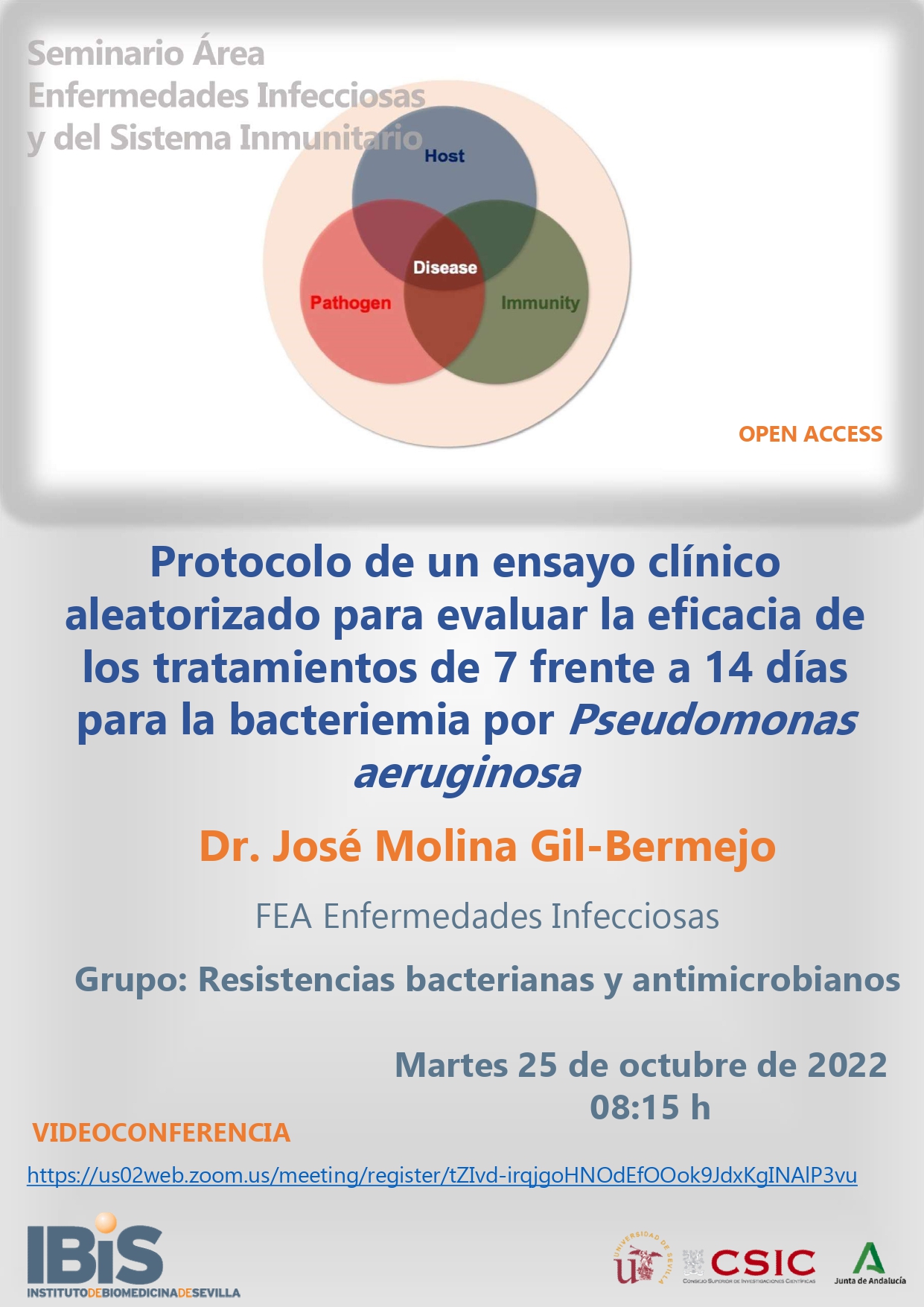 Poster: Protocolo de un ensayo clínico aleatorizado para evaluar la eficacia de los tratamientos de 7 frente a 14 días para la bacteriemia por Pseudomonas aeruginosa