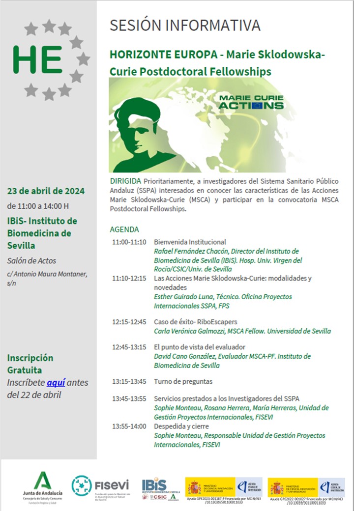 Poster: Sesión Informativa - HORIZONTE EUROPA - Marie Sklodowska-Curie Postdoctoral Fellowships